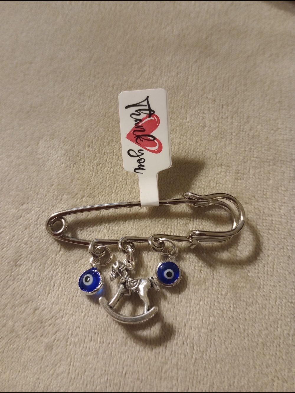 Baby Silver Safety Pin with Blue Evil Eye Charms